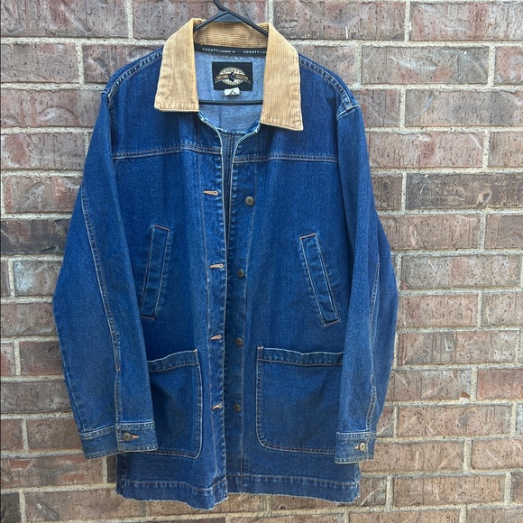 County Cheyenne Collection Vintage Denim Jacket with Tan Collar Large Barn Coat - Picture 1 of 16